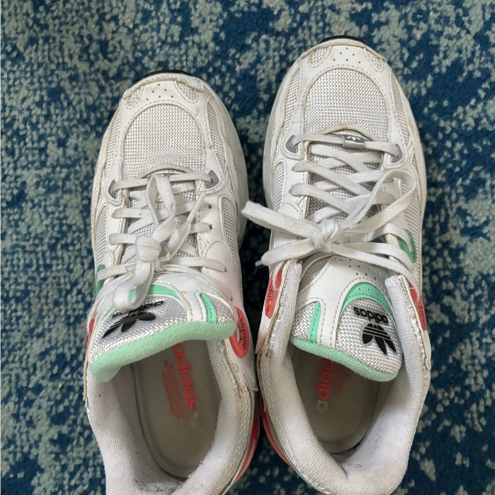 Adidas White Sneakers with Green and Pink Accents